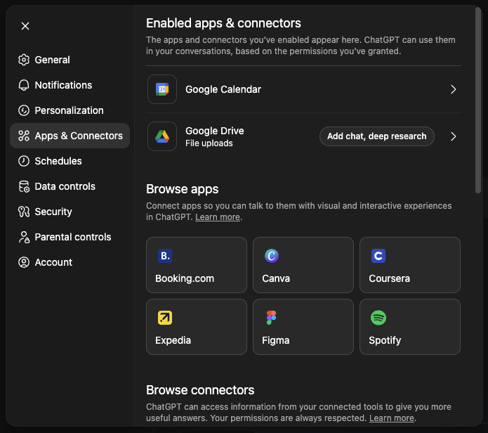 ChatGPT settings and connectors