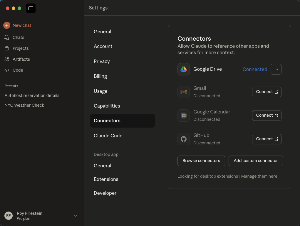 Claude Desktop connector settings