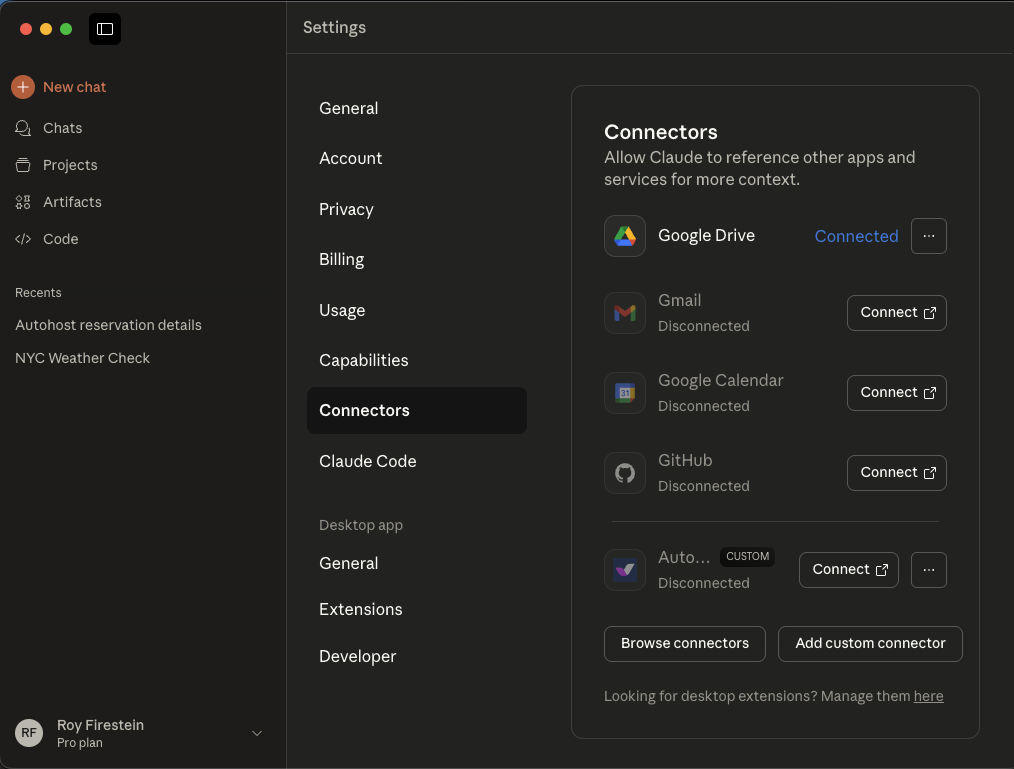 Claude Desktop new connector created